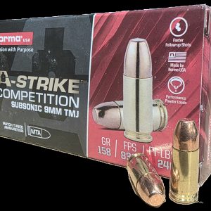 Norma A-Strike Competition 9mm 158 grain TMJ SUBSONIC 838 FPS (50 rd box)