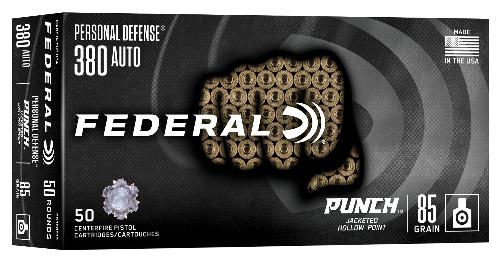 Federal Personal Defense Punch 380 auto 85 grain JHP Jacketed Hollow Point (50 rd box)