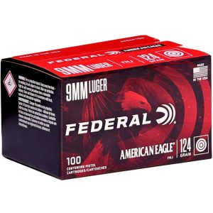 Federal American Eagle 9mm 124 grain FMJ Full Metal Jacket 100 rd boxes, 500 rd cases x 2 FREE SHIPPING (1000 rd case)